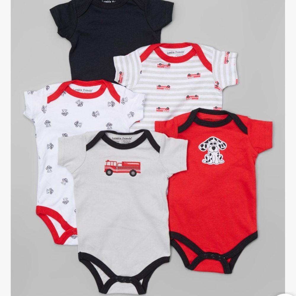 •Red & Black Firetruck Bodysuit (Set of Five)